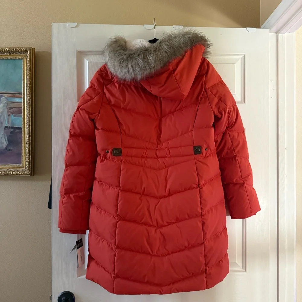 Lauren Ralph Lauren Orange Puffer Coat with Faux Fur Trim Hood - Picture 8 of 9